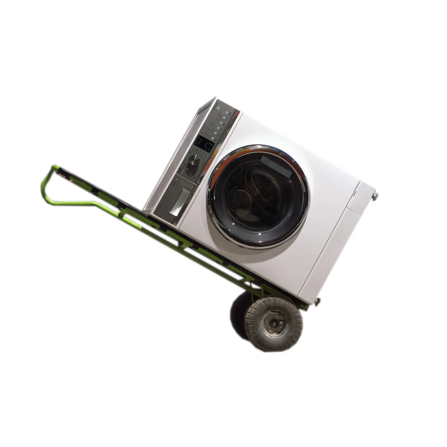 A Fisher Paykel front loader washing machine on a movers trolley on a white background
