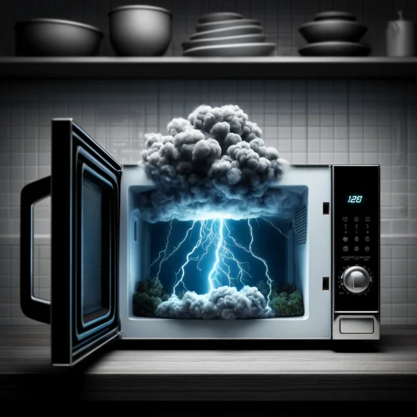 A dramatic illustration of a small, vivid thunderstorm entirely contained within a microwave