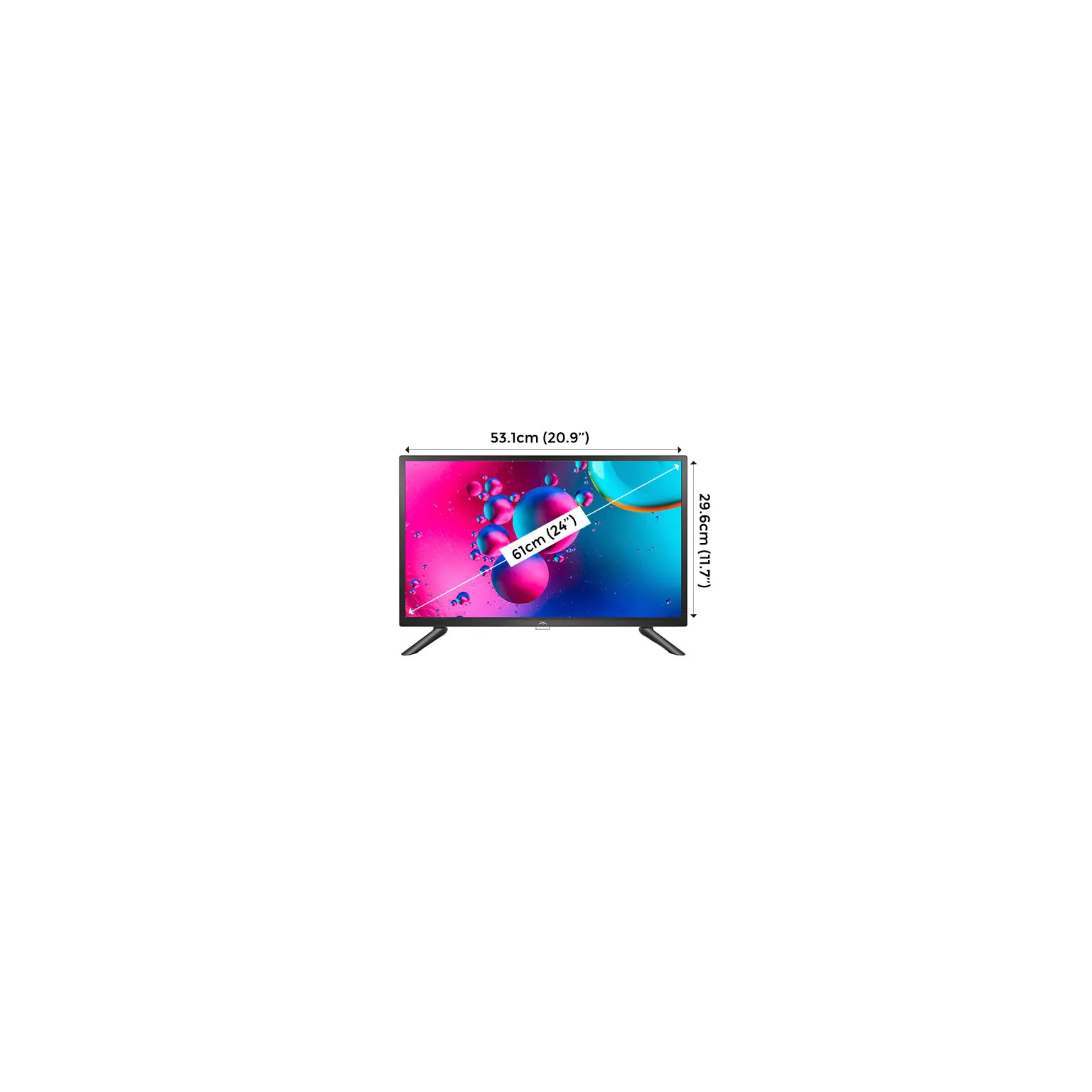 A 24 inch TV showing measurements in cm and inches