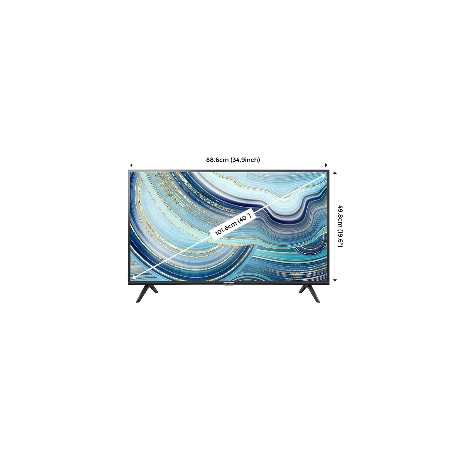 A 40 inch TV showing measurements in cm and inches
