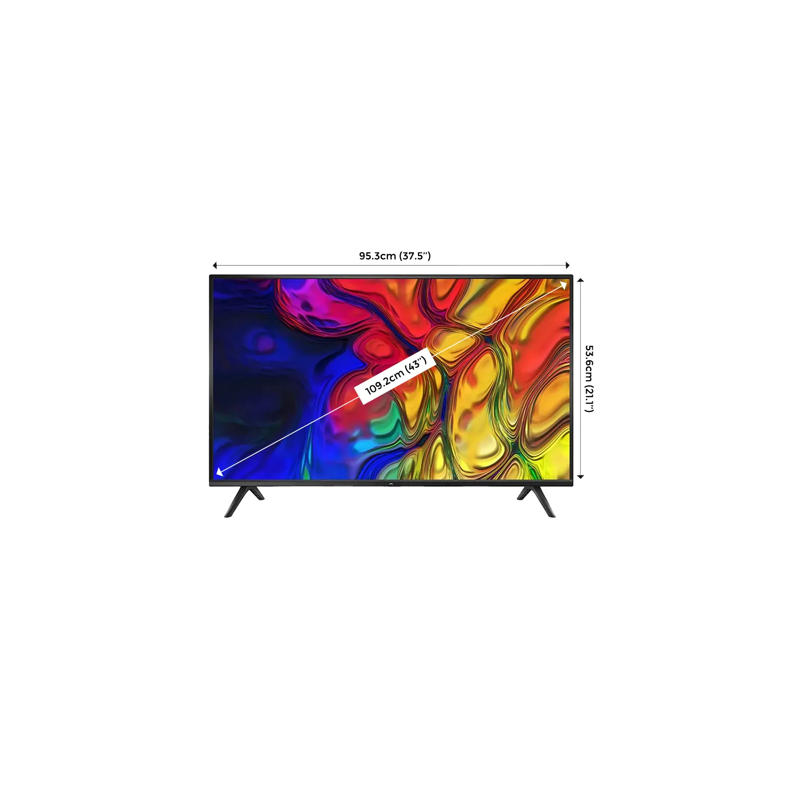A 43 inch TV showing measurements in cm and inches
