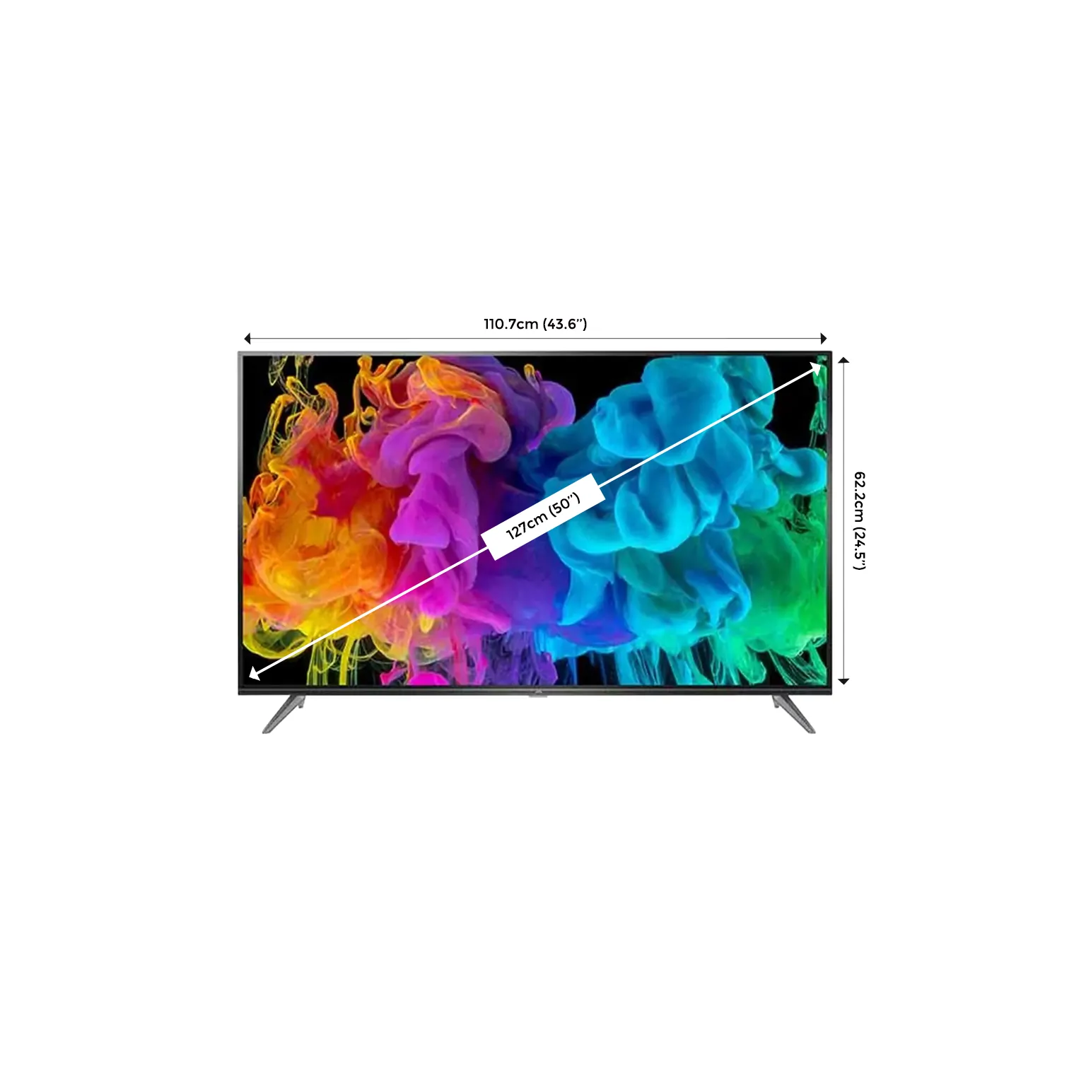 A 50 inch TV showing measurements in cm and inches